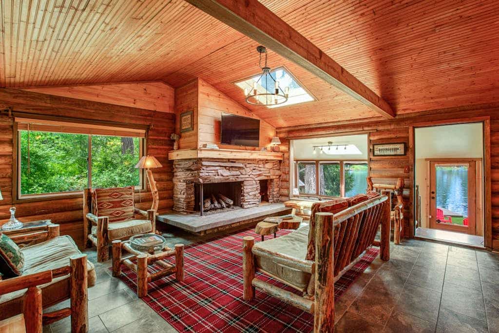 Vintage Mid-Century Modern Lakefront Log Cabin