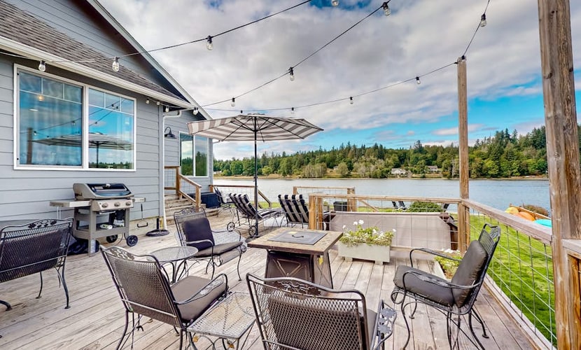 Entire waterfront property with hot tub, fire pits, patio & private beach access