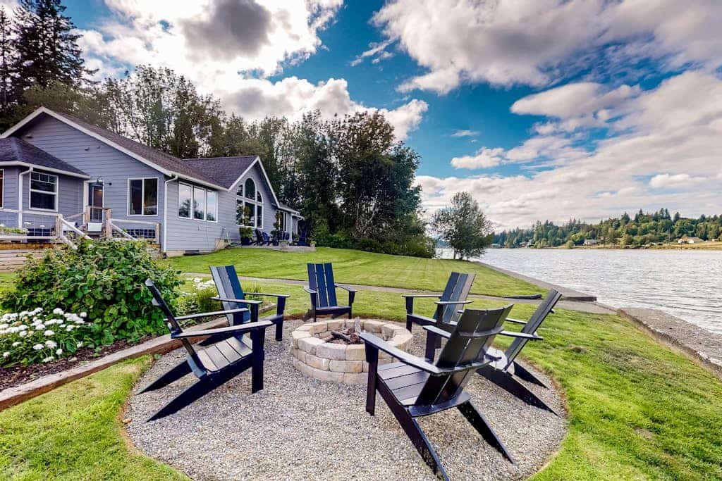 Entire waterfront property with hot tub, fire pits, patio & private beach access