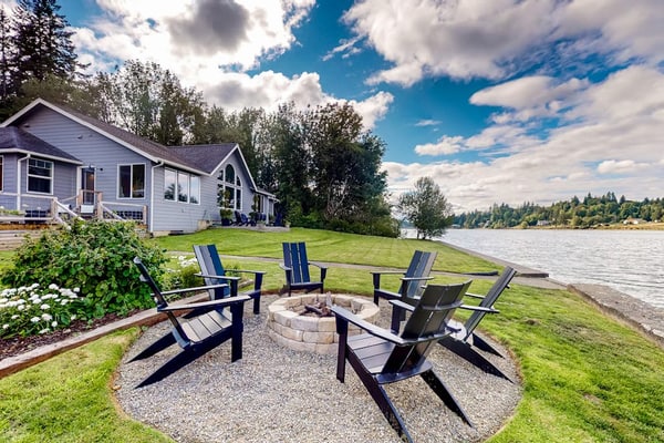 Entire waterfront property with hot tub, fire pits, patio & private beach access