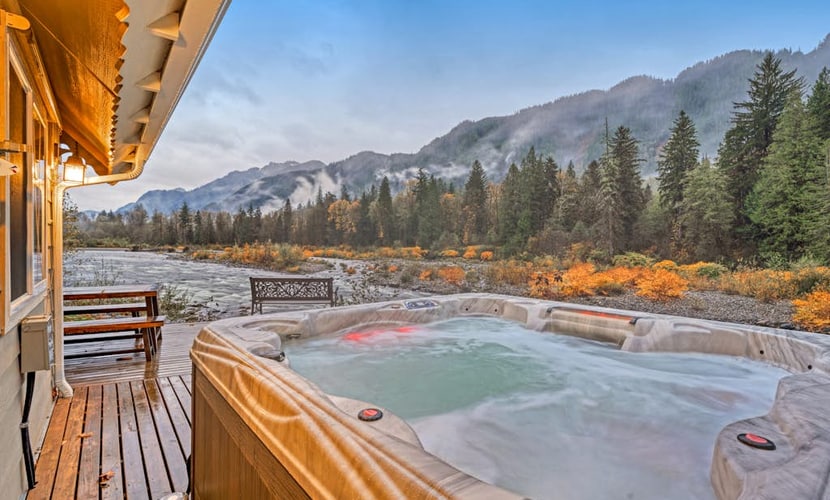 Riverfront Mountain Home w/ Private Hot Tub, Upgraded Kitchen, and Large Deck