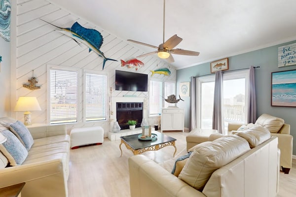 Large family beach home with 2 decks, a pool, and easy boardwalk beach access