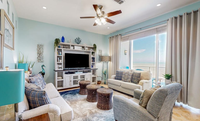 Beachfront condo with beach access, game room, gym, pools, theater room, balcony