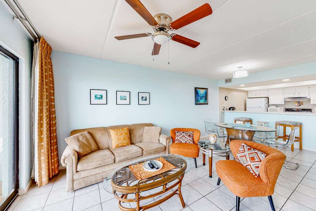 Gulf-front condo with on-site beach access, balcony, central AC, & full kitchen