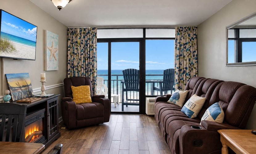 Welcome to your oceanfront getaway at the Landmark Resort in Myrtle Beach! Located on the sixth floor, this beautifully updated one-bedroom suite offers direct oceanfront views, a private balcony, and a unique open-concept layout that makes the space feel comfortable and spacious. With two queen beds in the bedroom and a full-size Murphy bed in the living area, this condo can comfortably accommodate up to six guests.