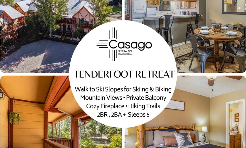 Welcome to Tenderfoot Retreat, a two-story condo tucked along Pioneer Creek about a mile from downtown Red River and the ski area. Two private suites each offer their own bath and balcony, and a sleeper sofa brings the group to six. Cook in the full kitchen, gather by the gas fireplace for game night, and soak in the community spas after a day of skiing, hiking, or festivals. With forest and mountain views from two balconies, it is an easy, comfortable mountain basecamp in every season.