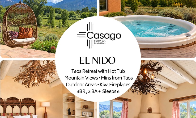 Welcome to El Nido, a professionally designed three-bedroom retreat in peaceful El Prado, set between the town of Taos and Taos Ski Valley and about two miles from Arroyo Seco. Soak in the private hot tub under the high-desert sky, warm up by a kiva fireplace, and take in sweeping mountain views framed by nearly every window. With two king bedrooms, a queen bedroom, a full kitchen, and a covered portal made for lingering, El Nido is a relaxed, authentically Southwestern basecamp for skiing, hiking, galleries, and northern New Mexico adventures.