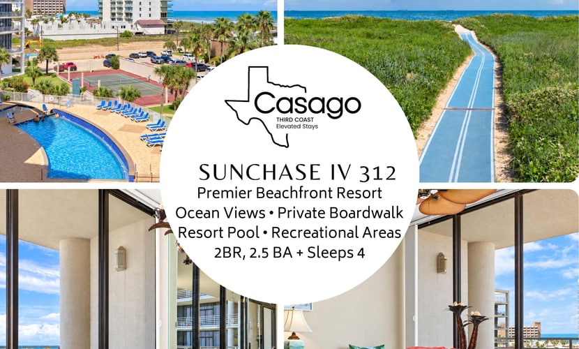 Welcome to Sunchase IV #312, a two-level beachfront resort condo on South Padre Island. Wake to Gulf breezes, spend your days between two heated pools and the private beach just steps away, and unwind on your balcony overlooking the resort. This bright two-bedroom, two-and-a-half-bath condo sleeps four, with a full kitchen, in-unit laundry, and access to the full Sunchase IV amenity lineup, pools, hot tubs, sauna, fitness center, tennis, and more. With the shops, dining, and sand of South Padre right outside the gate, it is an easy, amenity-rich island basecamp.