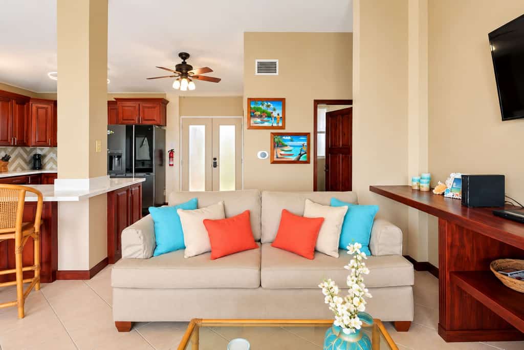 Wake up to lagoon views in this newly renovated one-bedroom condo at Mara Laguna, San Pedro, Ambergris Caye. This third-floor retreat has a king bed, a private balcony, a fully equipped kitchen and access to the community pool. It’s ideal for a solo escape or a getaway for two, with a cafe across the street and town close by.