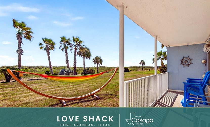 Coffee in hand, you settle into a blue Adirondack chair on your own covered patio while the hammock sways over the grass and the dunes roll out in front of you. The Love Shack is a ground floor, walk straight in condo at Island Retreat, a 25 acre beachfront community on Mustang Island. Take the private boardwalk over the dunes to the sand, then come back for the pools, tennis and pickleball. Two bedrooms, two full baths, a full kitchen, and your own washer and dryer.