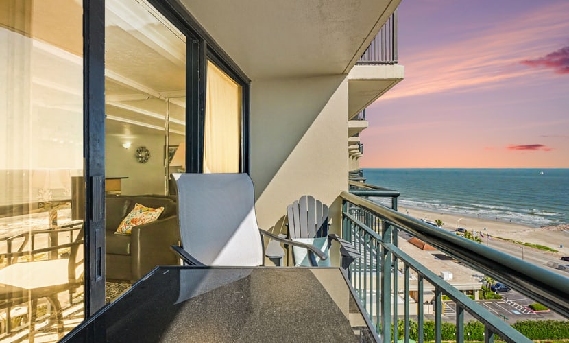 Welcome to San Luis Ocean View, your beachfront escape high above Galveston's Seawall. Step onto the private balcony to sweeping Gulf views, fall asleep to the sound of the surf, and wake to sunrises over the water. The open beach is just across the street, while the resort pool, hot tub, sauna, and fitness center wait downstairs. With a king bedroom, a queen sleeper sofa, and a full kitchen, this bright one-bedroom condo is the perfect home base for a Galveston getaway.