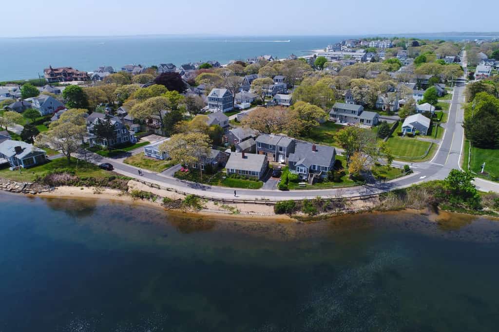 aerial view of water surrounding Falmouth, MA