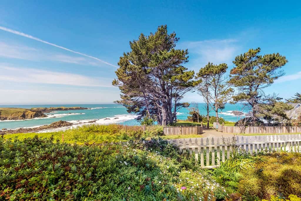 View of the ocean from the yard of a Mendocino, CA rental.