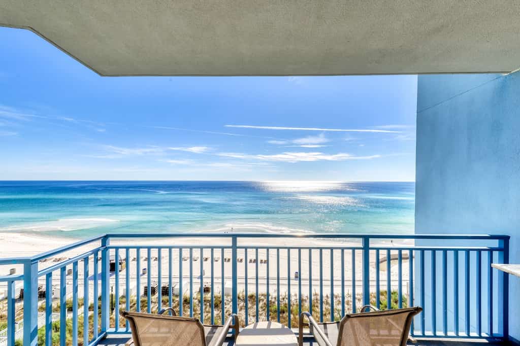 View from the balcony of the ocean at a Panama City Beach condo rental.