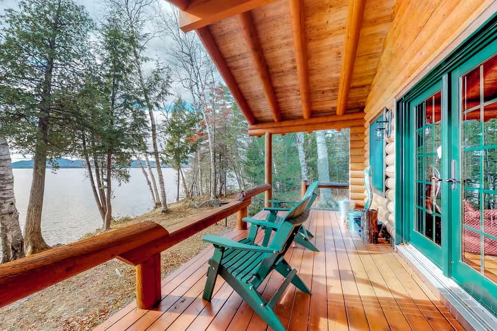 The deck of a vacation rental overlooking Moosehead Lake.