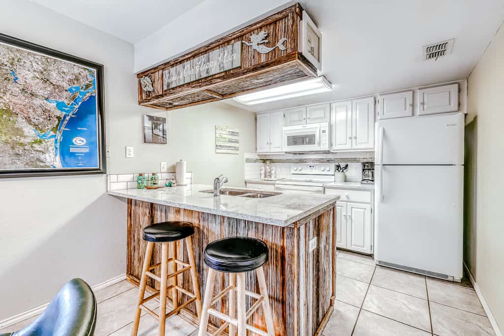 The kitchen area of a vacation rental in Corpus Christi, TX.