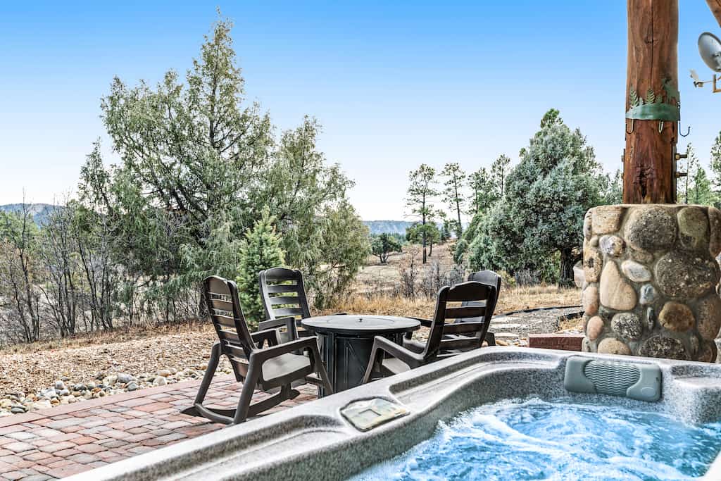 The hot tub at a vacation rental cabin in Pagosa Springs, CO.