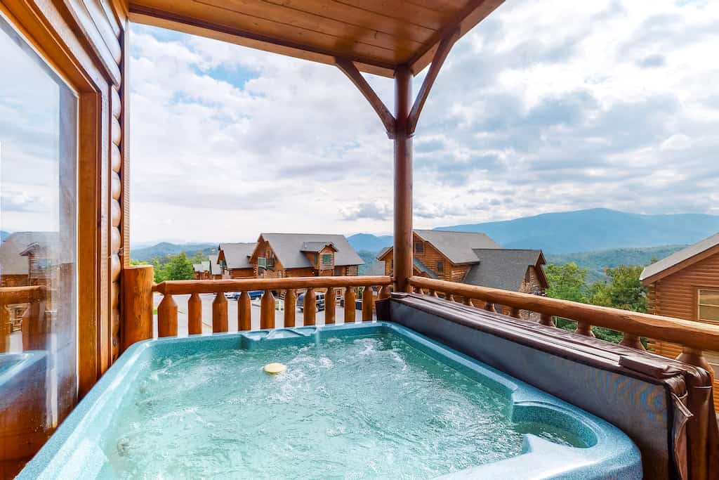 The hot tub and back deck of a vacation rental in the Smoky Mountains in Pigeon Forge, TN.