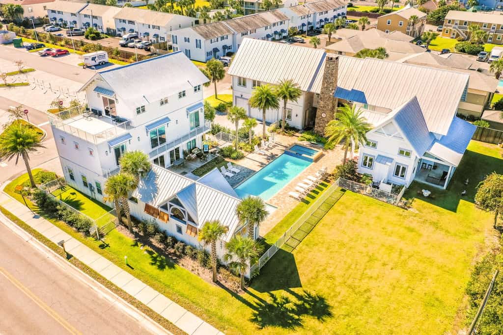 large event rental with several buildings and an outdoor pool