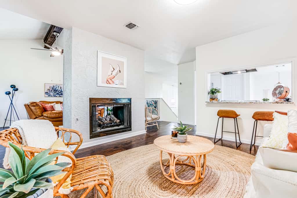 Vacation home living room with an indoor fire place