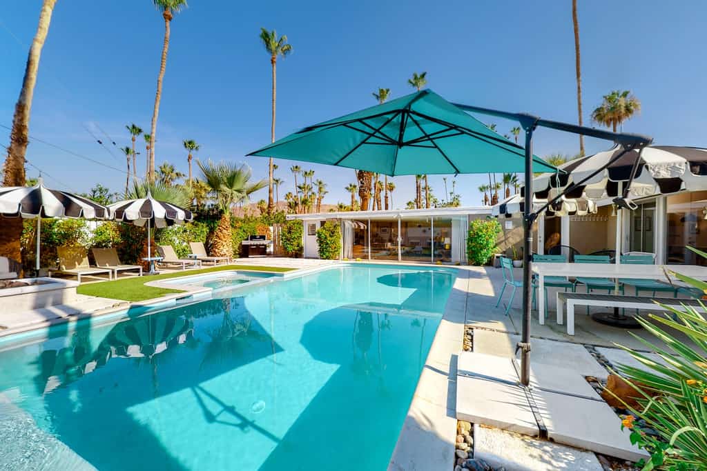 The back pool area of a vacation rental in Palm Springs, CA.