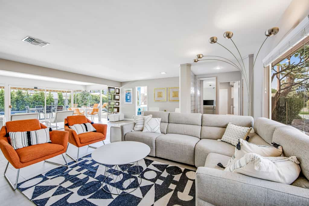The living area of a Palm Springs, CA rental with modern design.