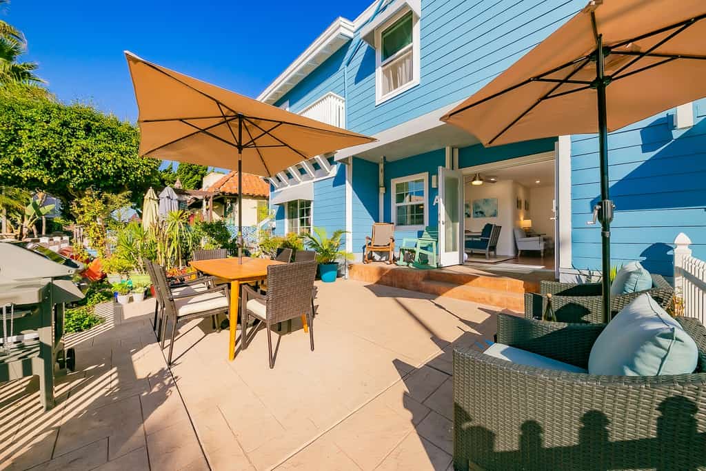 The patio of a vacation rental in San Diego near the beach.