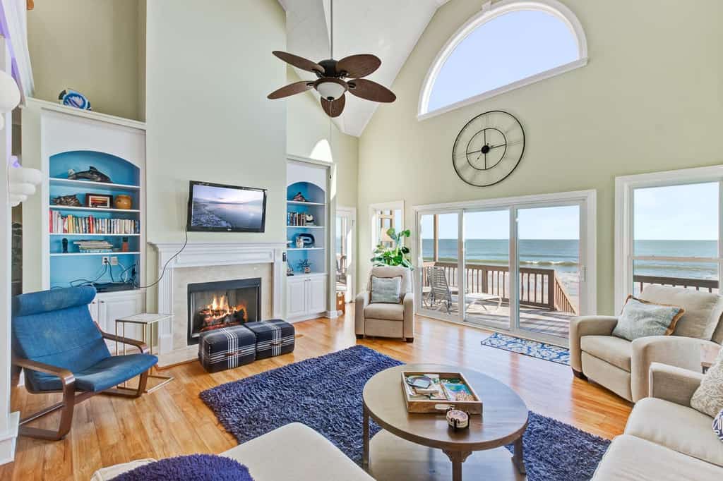 Folly Beach, SC beach house with fireplace, tall ceilings and lovely ocean views