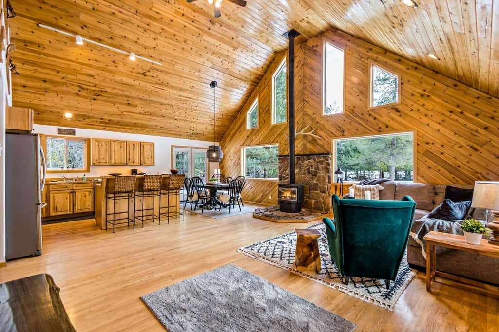 wood burning fireplace inside of Sandpoint, ID vacation cabin