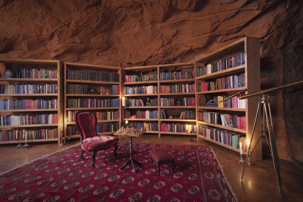 library full of books and a chess table with a single velvet tufted chair inside the grinch's cave