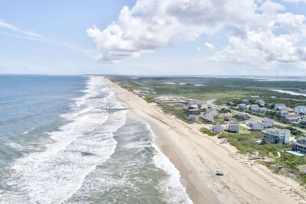 Birds eye view of Nags Head Beach in the Outer Banks.