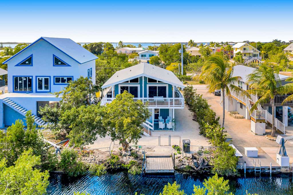 Blue house in Big Pine Key, Florida with private dock