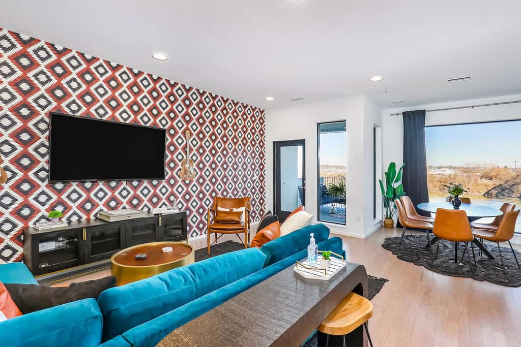 The living area of vacation rental in Nashville with CMA Fest inspired decor.