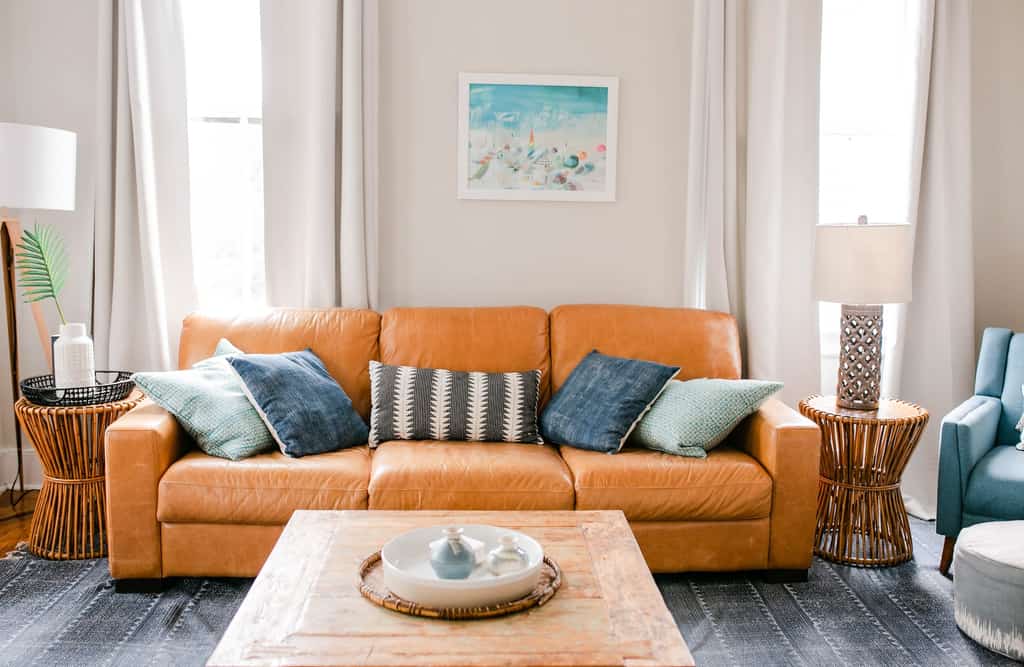 The living area of a long-term rental in Charleston, SC.