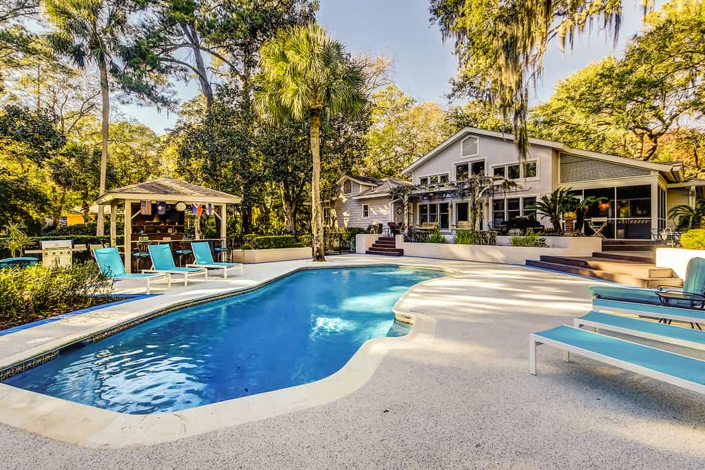 The pool area of a pet-friendly vacation rental in Hilton Head, SC.