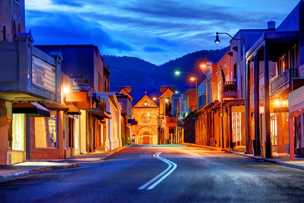 Downtown Santa Fe, NM at dusk.