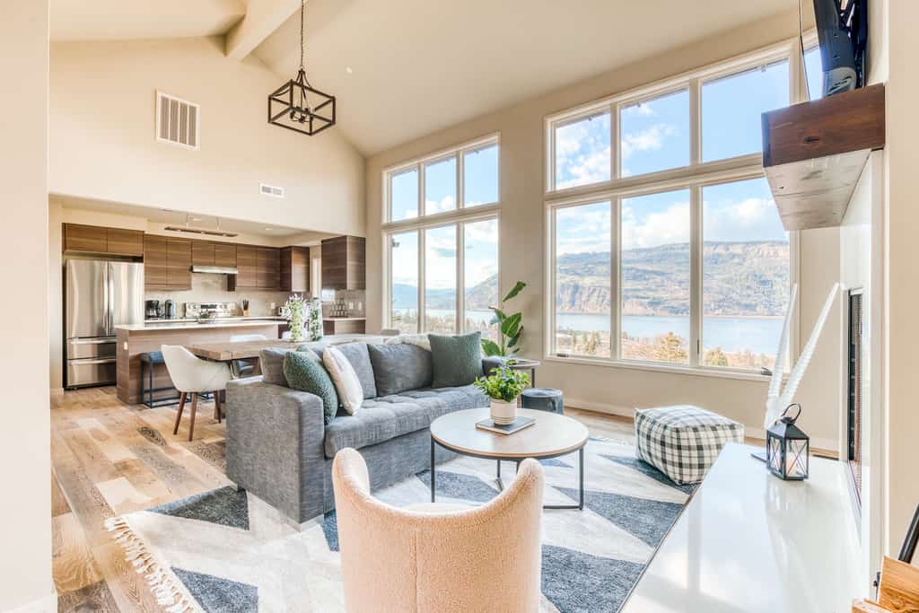 A modern living room at a vacation rental in Mosier, Oregon.