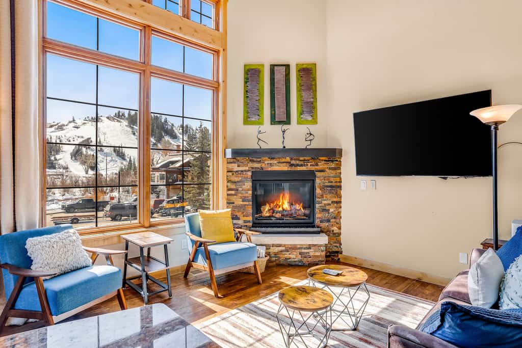 The living room of a ski-in/ski-out vacation rental in Steamboat Springs. CO.