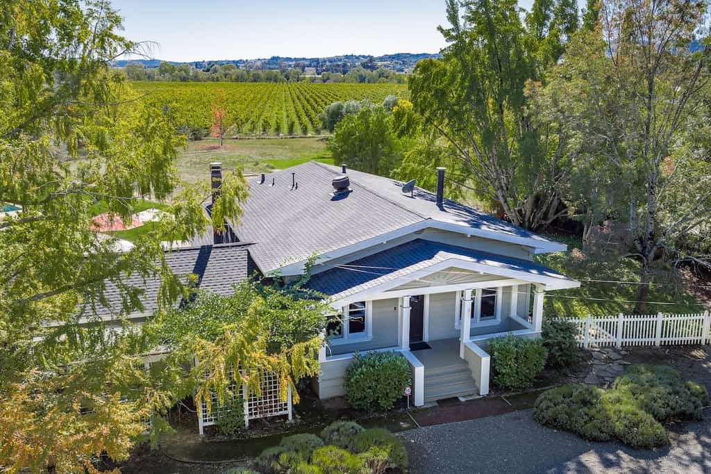 Drone shot overlooking a house on a vineyard in Healdsburg, CA.
