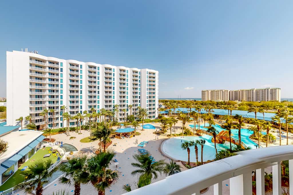 The view from a balcony overlooking the pools at Palms of Destin Resort.
