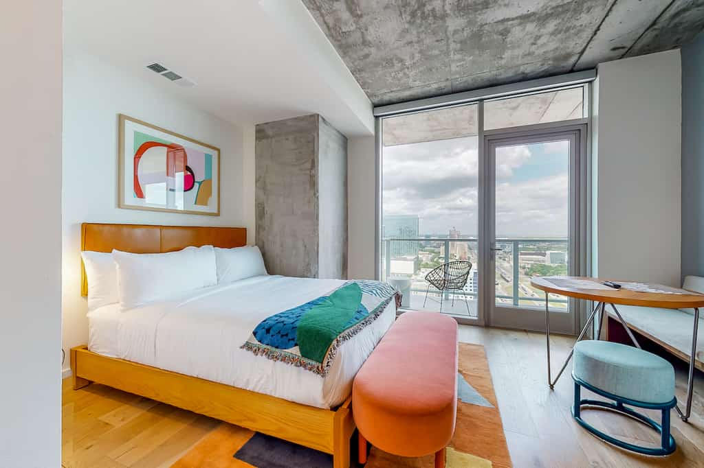 The bedroom at a vacation rental condo in Austin, TX at the Natiivo.