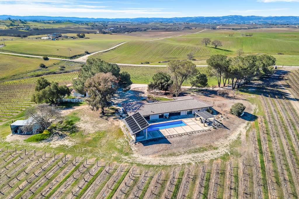 Drone shot of a house rental in Paso Robles, CA on a vineyard.