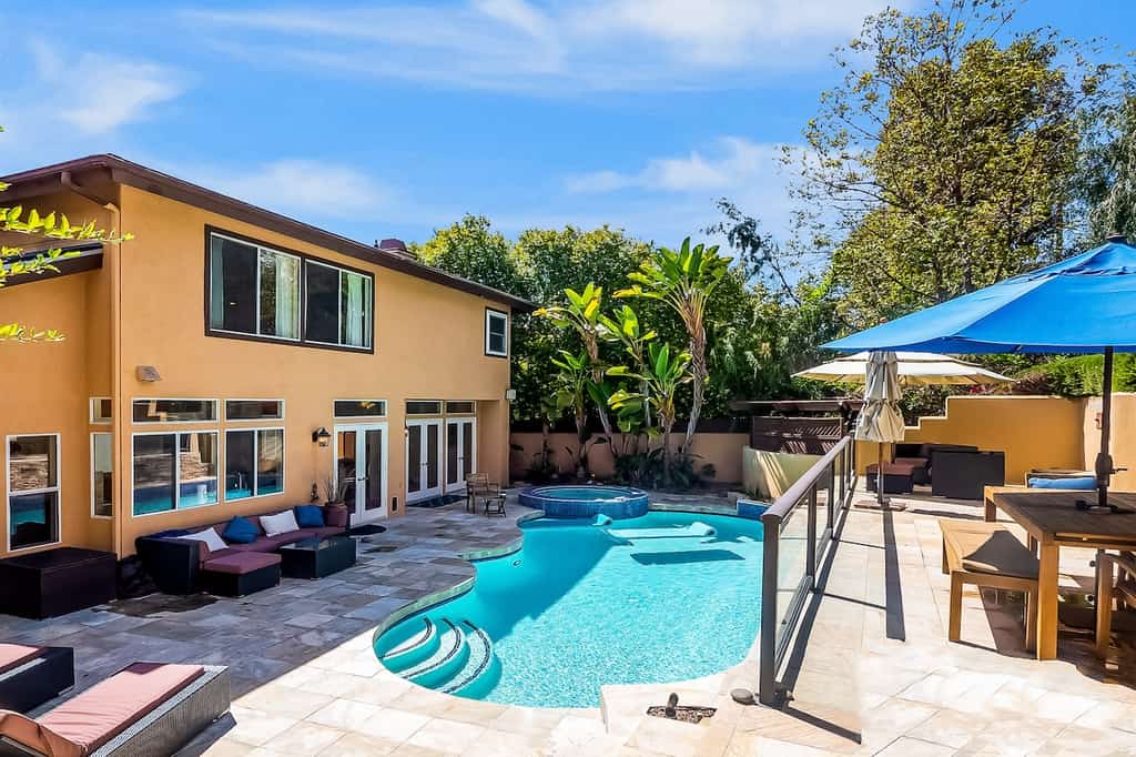 The pool area of a vacation rental in San Diego.