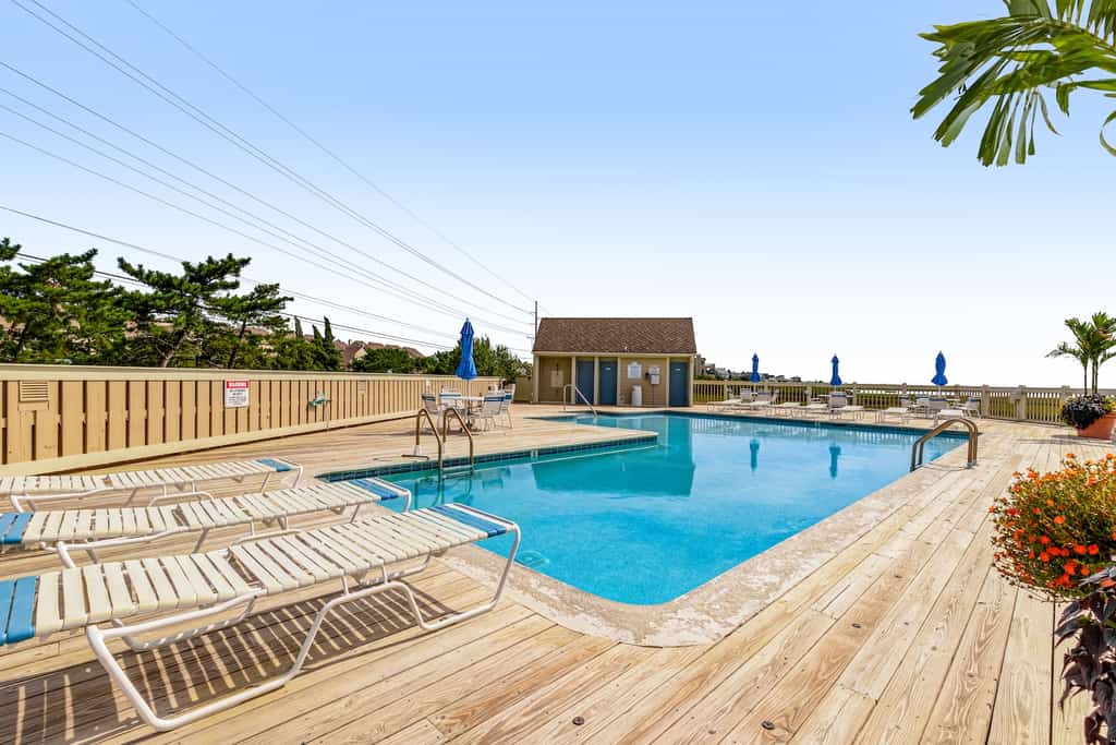 View of the pool area at a vacation rental on Fenwick Island, DE.