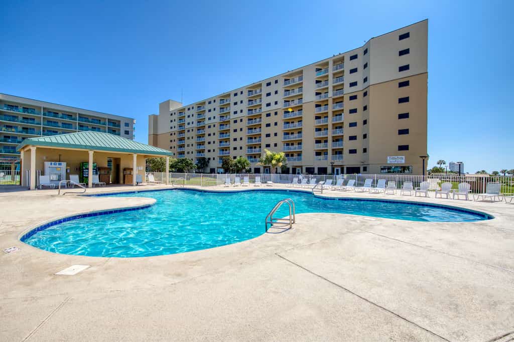 The Plantation Palms pool with the resort in the background.