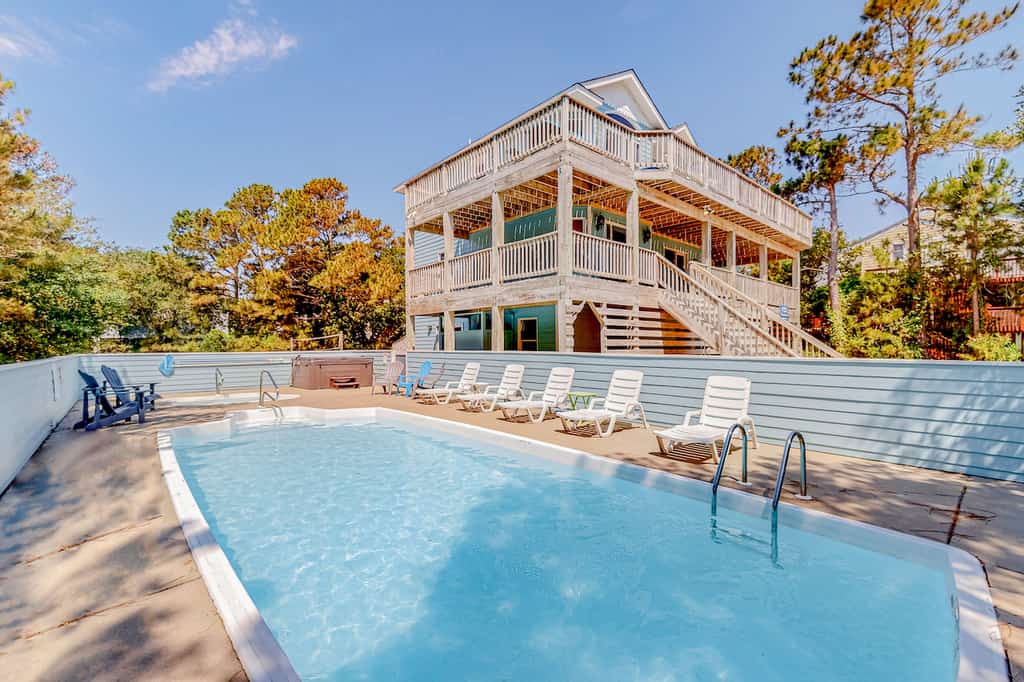 The pool area of a vacation rental in Corolla, NC.