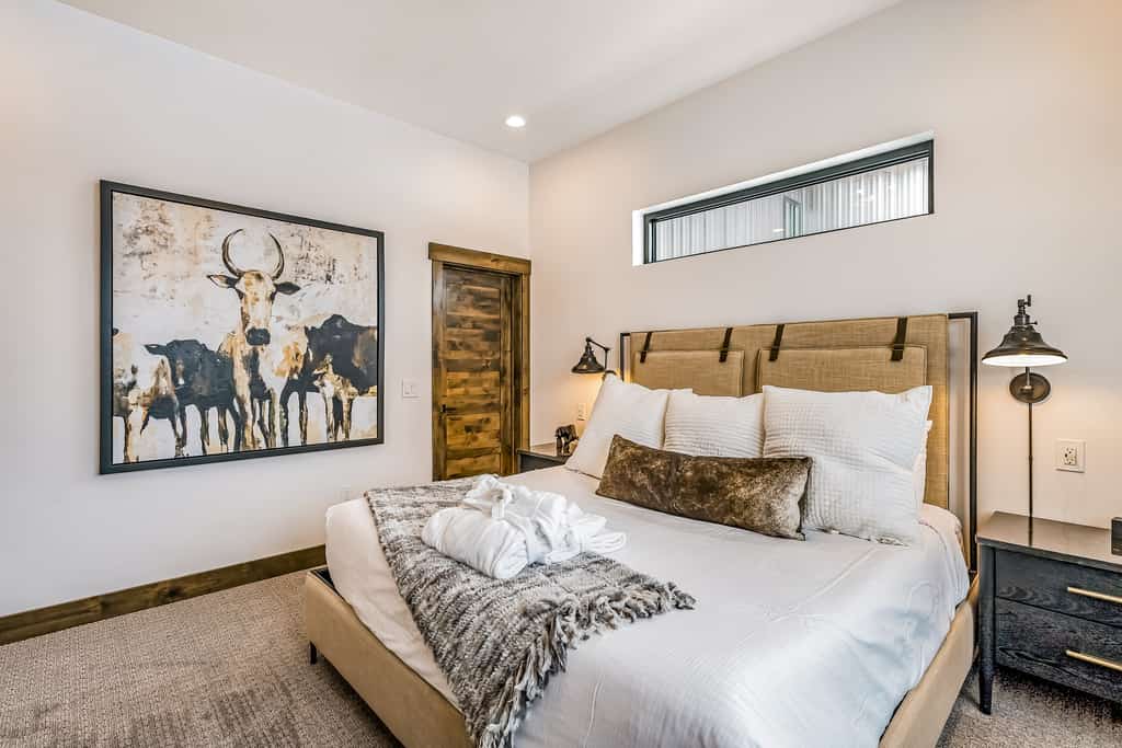 bedroom decorated with modern ski chalet decor