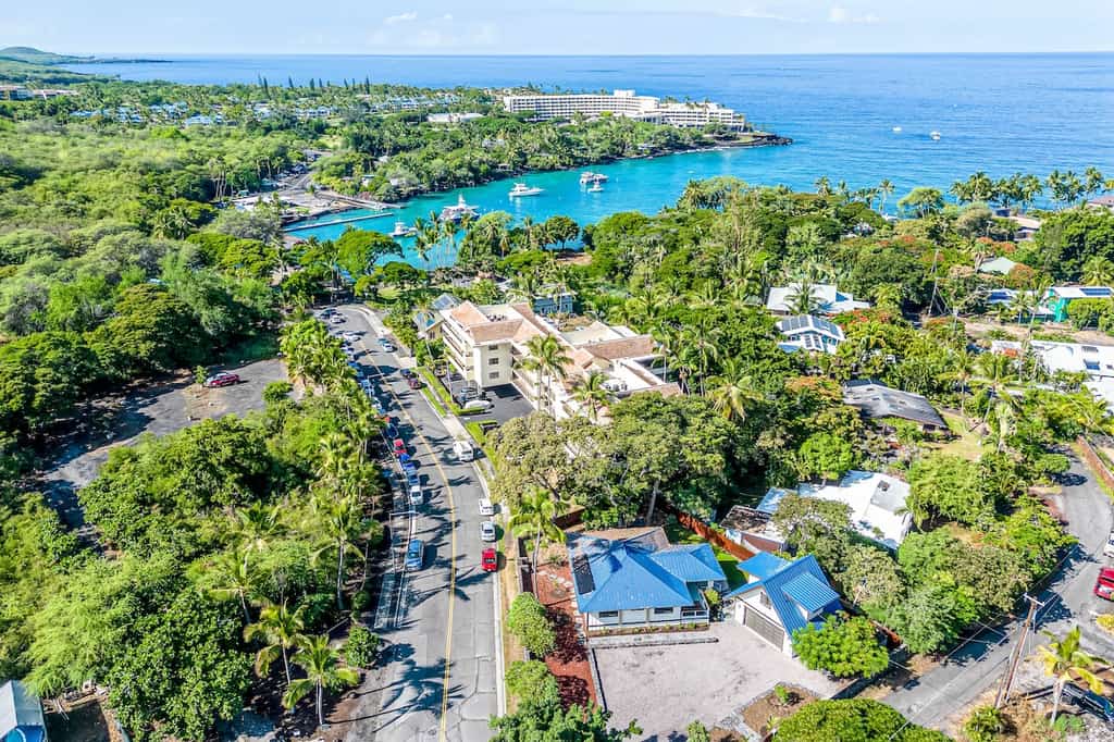 Drone shot of Kailua Kona.
