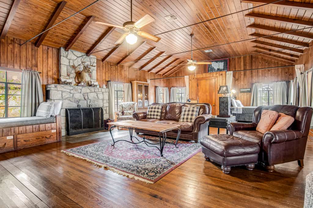 The living room of a vacation rental in Wimberley, Texas.
