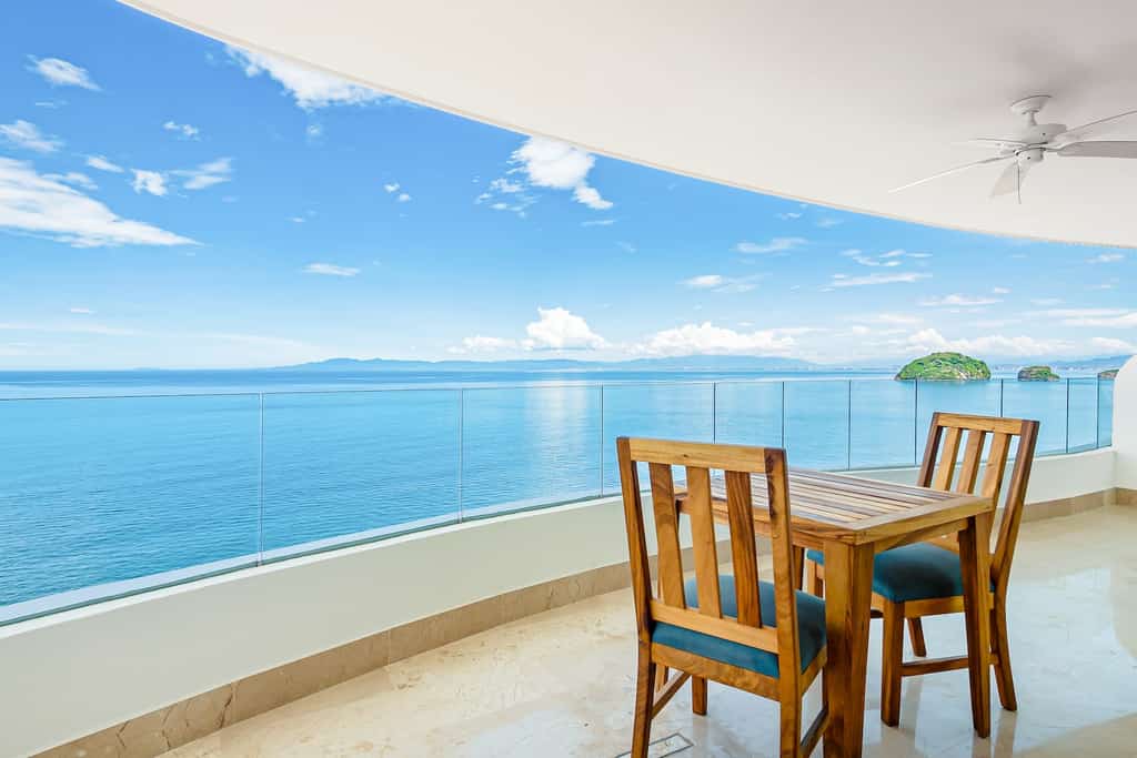 The deck overlooking the ocean at a rental in Mexico.
